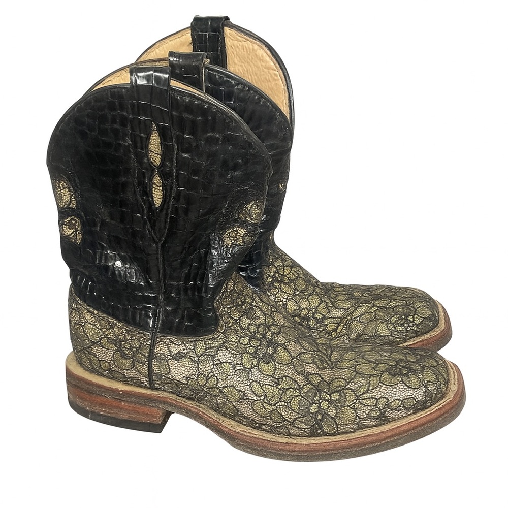 Ferrini Black Caiman Print & Metallic Floral Lace Western Boots Women’s Size 7.5